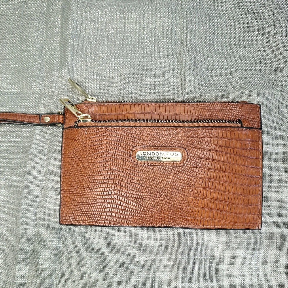 London Fog Collection Danica Cognac Brown Lizard Wristlet Double Zip Pockets
